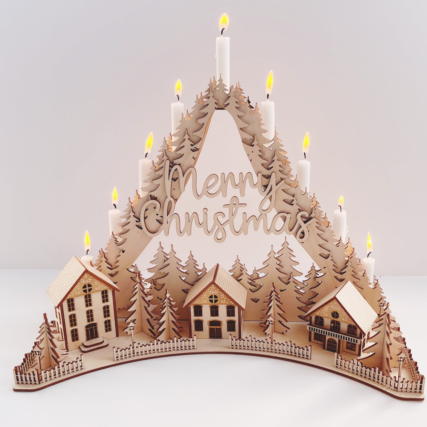 Schwibbogen aus Holz mit Kerzen, handgefertigt, Weihnachtsdeko Holz, "Merry Christmas" – Weihnachtspyramide, Weihnachtsbogen, Weihnachtsdekoration aus Holz