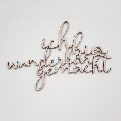 Schriftzug "Ich bin wunderbar gemacht", Holzschrift, Text aus Holz, Wandbehang, Wanddeko