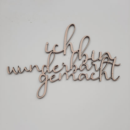 Schriftzug "Ich bin wunderbar gemacht", Holzschrift, Text aus Holz, Wandbehang, Wanddeko