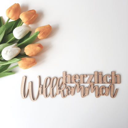 Schriftzug "Herzlich Willkommen", Holzschrift, Text aus Holz, Wandbehang, Wanddeko